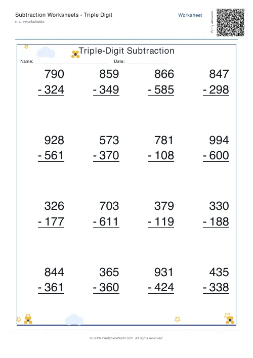 Free printable subtraction worksheet — Vertical column — PDF download