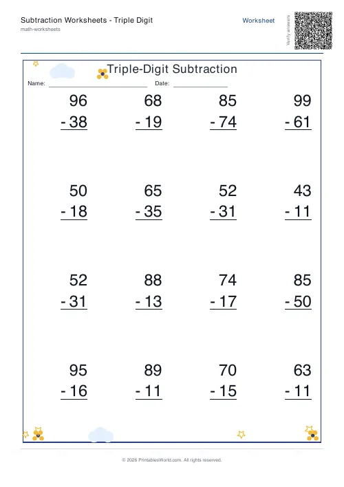 Free printable subtraction worksheet — 2-digit — PDF download