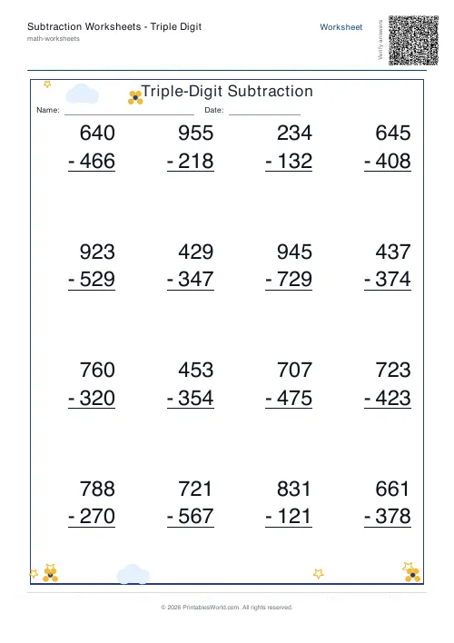 Free printable subtraction worksheet — 3-digit — PDF download