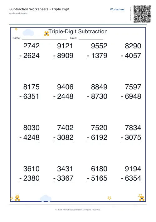Free printable subtraction worksheet — 4-digit — PDF download