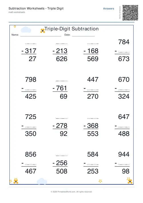 Free printable subtraction worksheet — Find missing number — PDF download