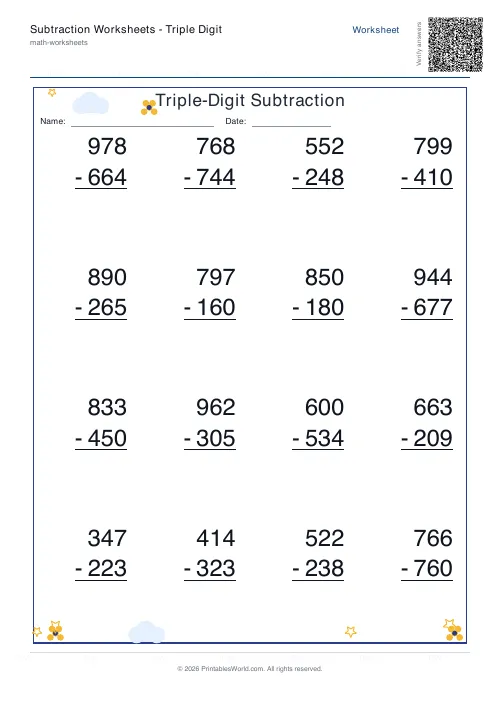 Free printable subtraction worksheet — No zero — PDF download