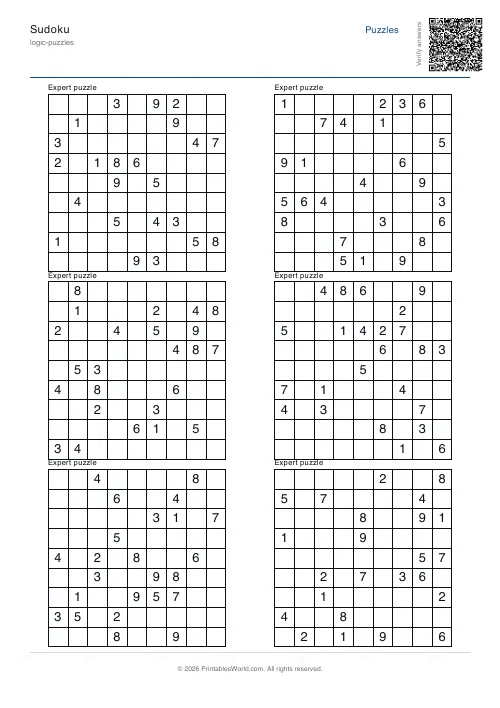 Free printable sudoku puzzle — Expert — PDF download