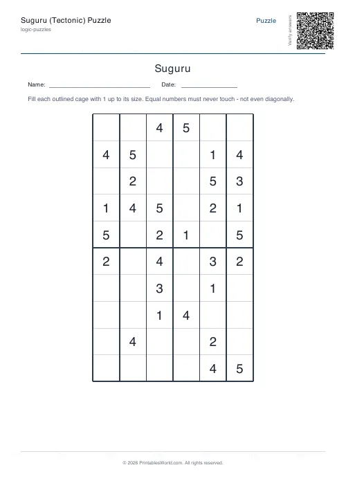 Free printable suguru puzzle — Easy — PDF download