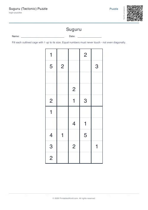 Free printable suguru puzzle — 5x5, with answer key — PDF download