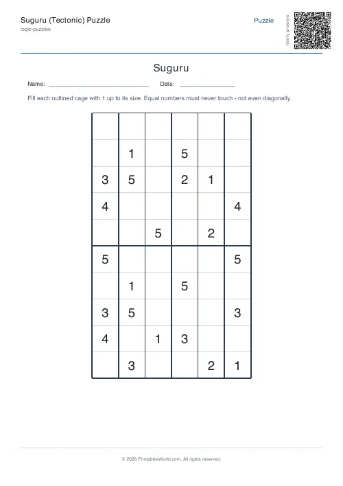 Free printable suguru puzzle — 6x6, with answer key — PDF download