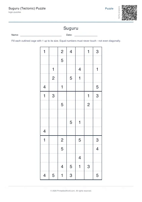 Free printable suguru puzzle — 7x7, with answer key — PDF download