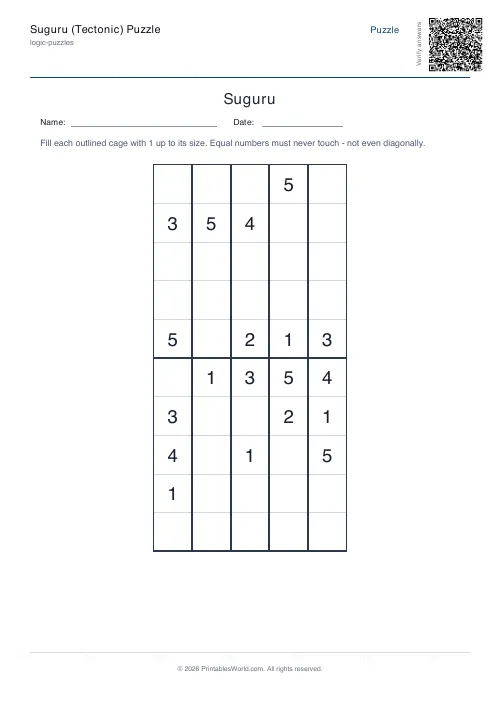 Free printable suguru puzzle — 5x5 — PDF download