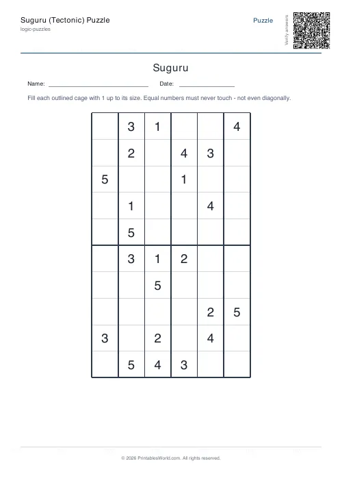 Free printable suguru puzzle — 6x6 — PDF download