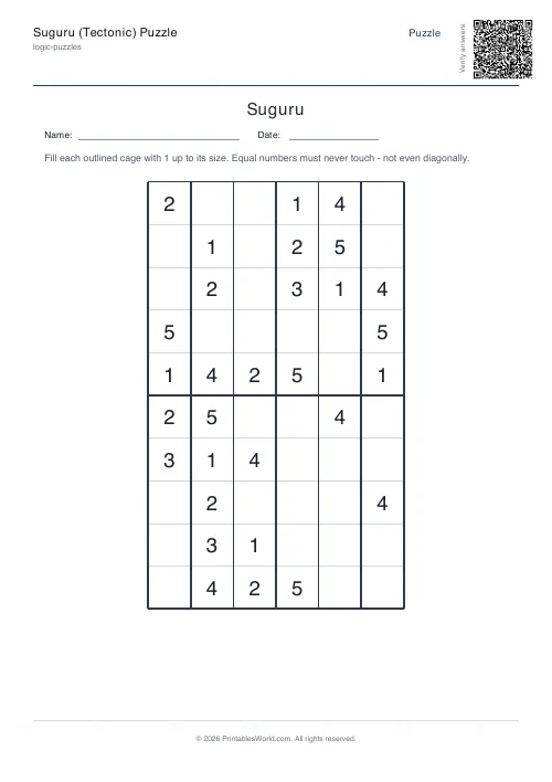 Free printable suguru puzzle — Easy, with answer key — PDF download