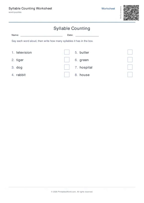 Free printable syllable counting worksheet — 8 words — PDF download