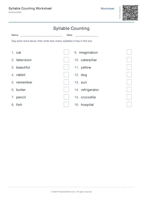 Free printable syllable counting worksheet — 16 words — PDF download