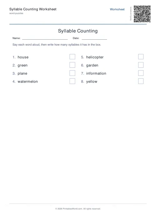 Free printable syllable counting worksheet — 8 words, with answer key — PDF download