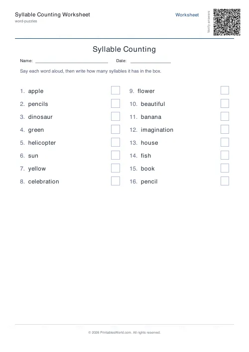 Free printable syllable counting worksheet — 16 words, with answer key — PDF download