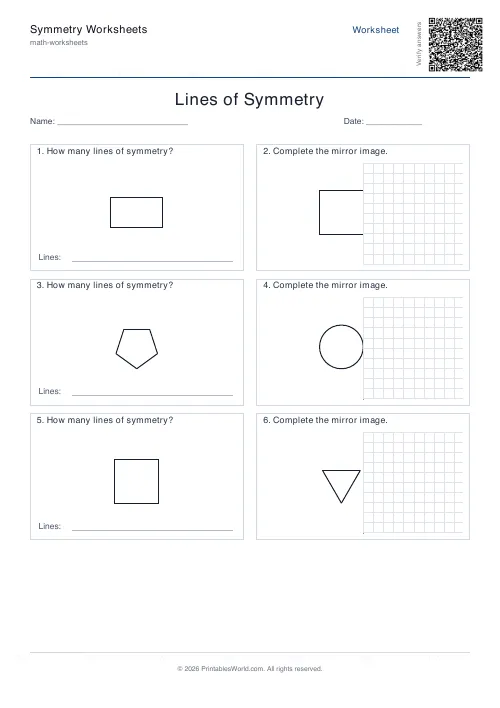 Free printable lines of symmetry worksheet — Mixed, with answer key — PDF download