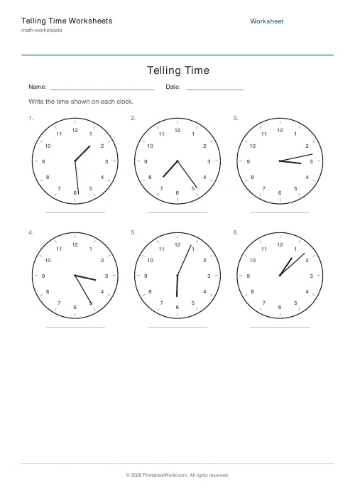 Free printable telling time worksheet — To the minute — PDF download