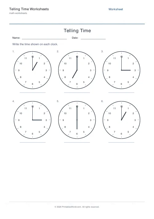 Free printable telling time worksheet — Half hour, with answer key — PDF download