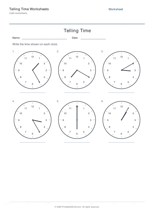 Free printable telling time worksheet — Five minutes, with answer key — PDF download