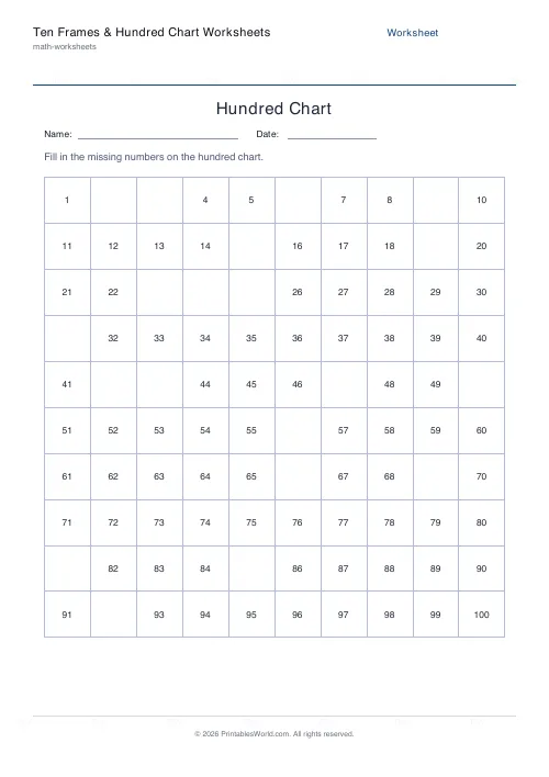 Free printable ten-frames and hundred-chart worksheet — Hundred chart, with answer key — PDF download