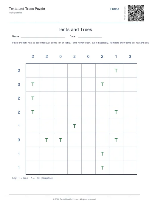 Free printable tents and trees puzzle — Easy — PDF download