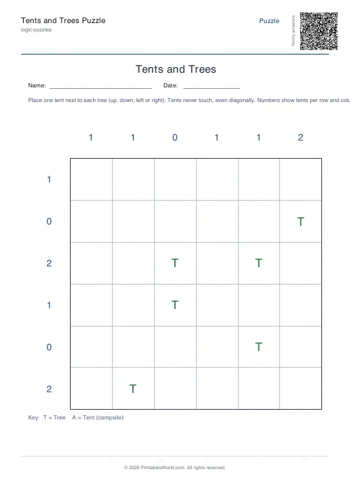 Free printable tents and trees puzzle — 6x6, with answer key — PDF download