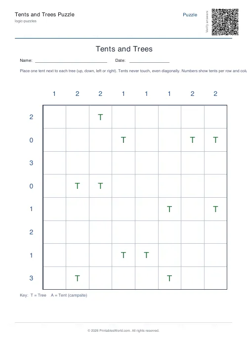 Free printable tents and trees puzzle — 8x8, with answer key — PDF download