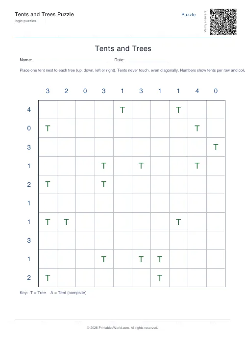 Free printable tents and trees puzzle — 10x10, with answer key — PDF download
