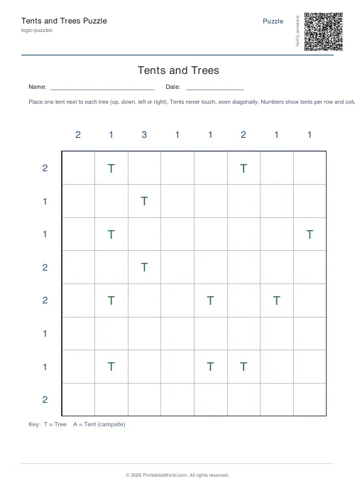 Free printable tents and trees puzzle — Hard — PDF download