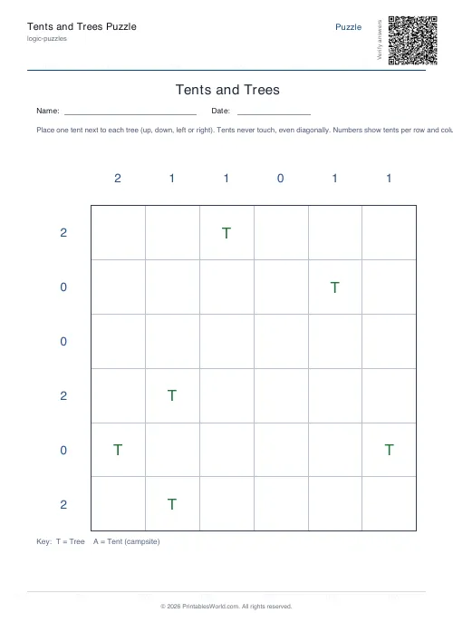 Free printable tents and trees puzzle — 6x6 — PDF download