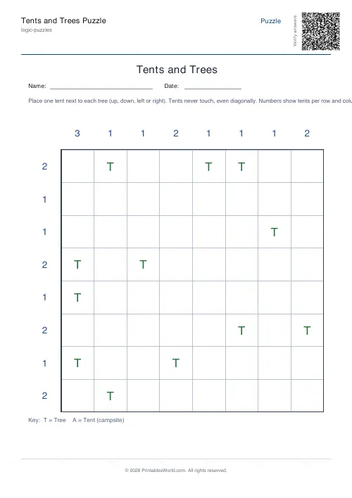 Free printable tents and trees puzzle — 8x8 — PDF download