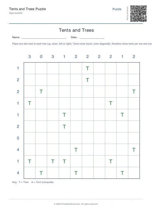 Free printable tents and trees puzzle — 10x10 — PDF download