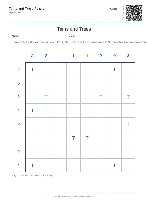 Free printable tents and trees puzzle — Easy, with answer key — PDF download