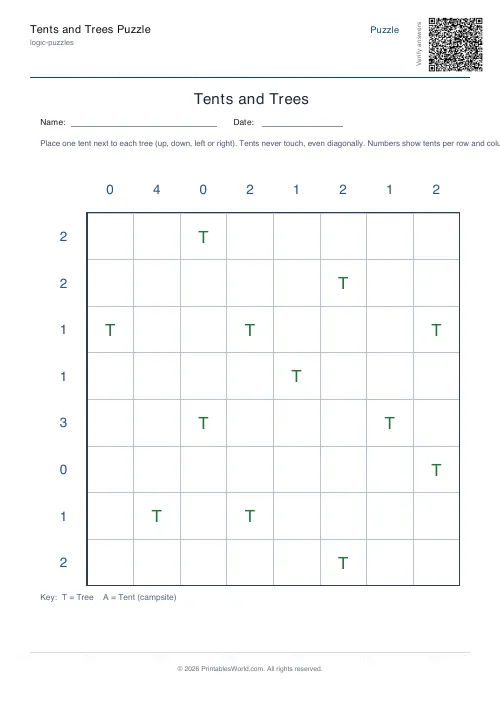 Free printable tents and trees puzzle — Medium, with answer key — PDF download