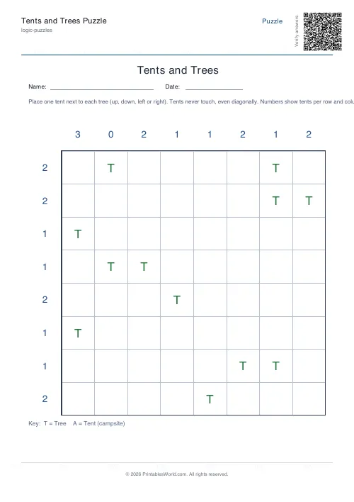 Free printable tents and trees puzzle — Hard, with answer key — PDF download