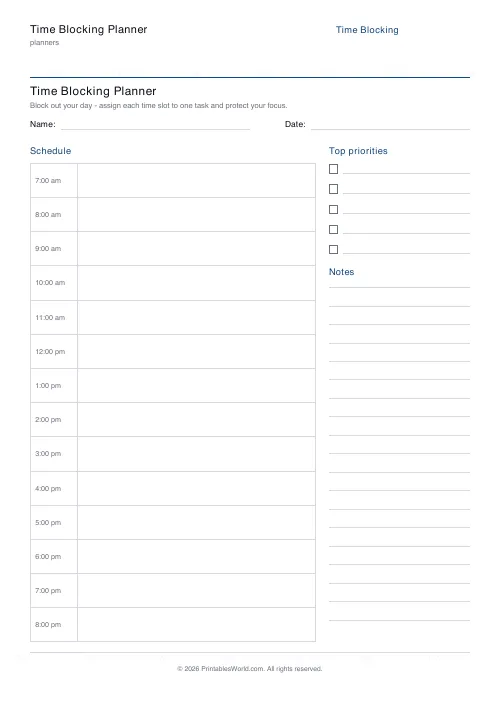 Free printable time blocking planner — Hourly blocks — PDF download