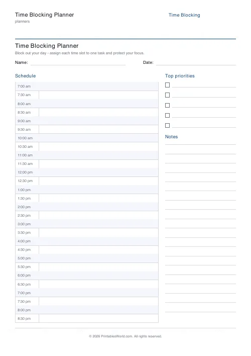 Free printable time blocking planner — Half-hourly blocks — PDF download
