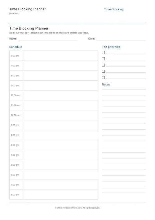 Free printable time blocking planner — From 6am — PDF download