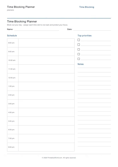 Free printable time blocking planner — From 8am — PDF download