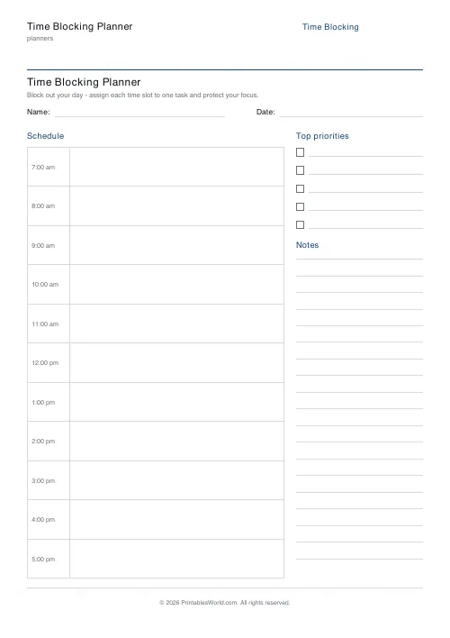 Free printable time blocking planner — Until 6pm — PDF download