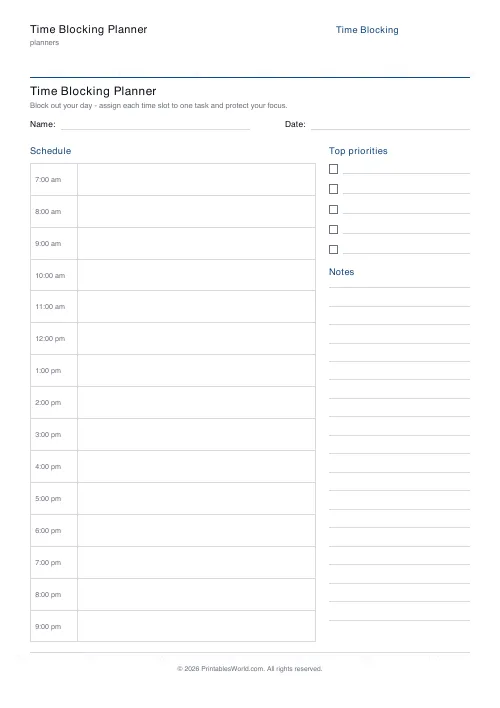 Free printable time blocking planner — Until 10pm — PDF download