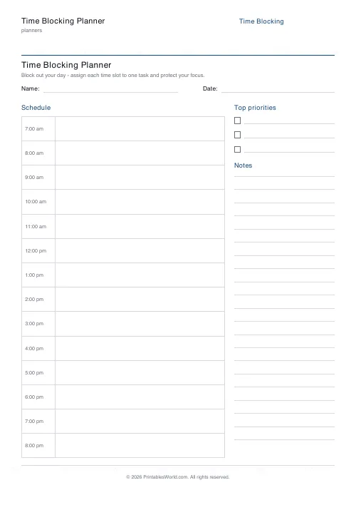 Free printable time blocking planner — 3 priorities — PDF download