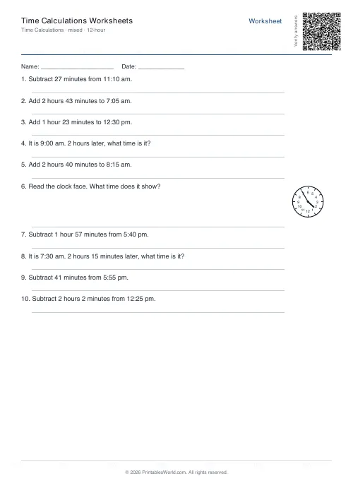 Free printable time calculation worksheet — Mixed, with answer key — PDF download