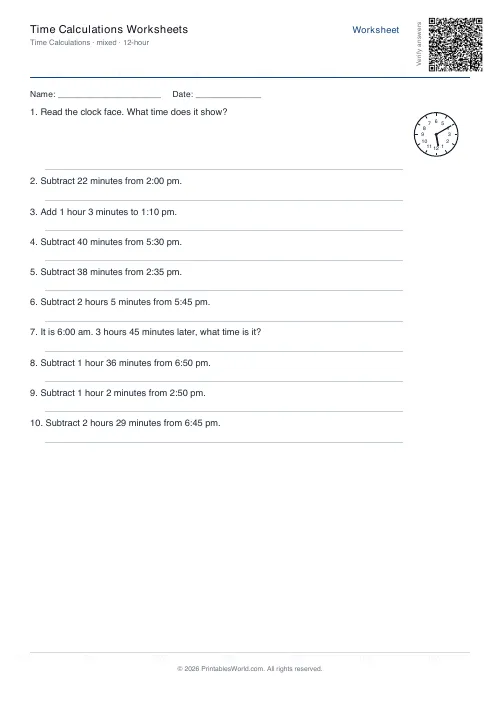 Free printable time calculation worksheet — 12-hour, with answer key — PDF download