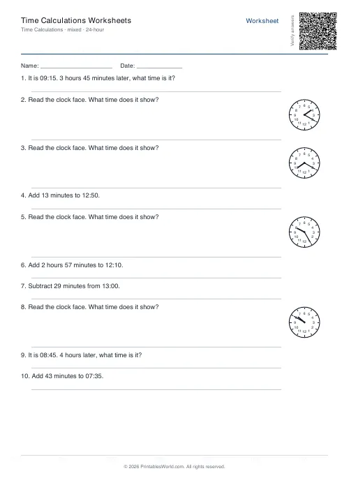 Free printable time calculation worksheet — 24-hour, with answer key — PDF download