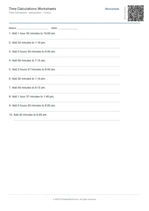 Free printable time calculation worksheet — Add a duration — PDF download