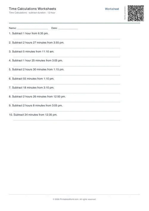 Free printable time calculation worksheet — Subtract a duration — PDF download