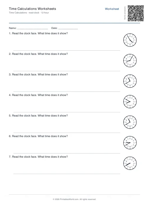 Free printable time calculation worksheet — Read the clock — PDF download