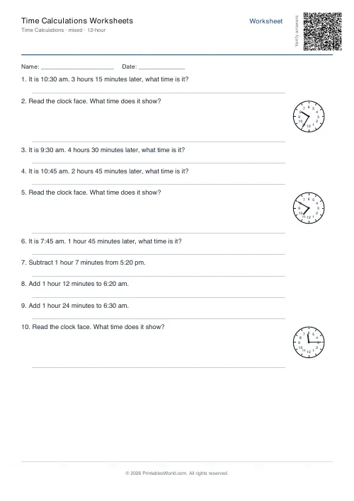 Free printable time calculation worksheet — Mixed — PDF download