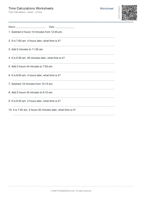 Free printable time calculation worksheet — 12-hour — PDF download