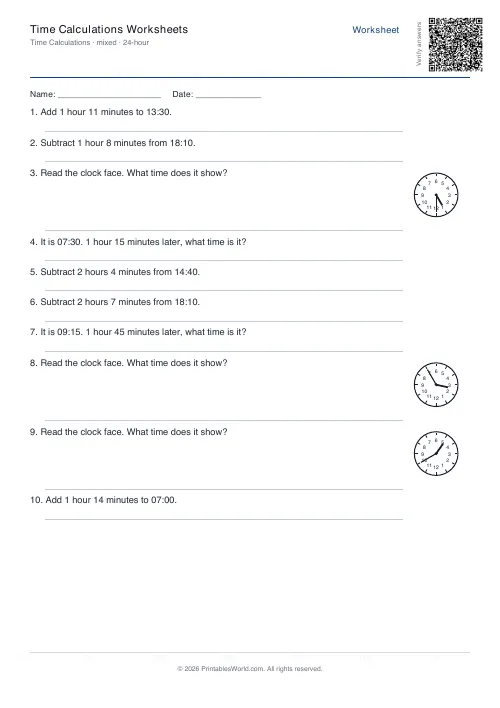 Free printable time calculation worksheet — 24-hour — PDF download